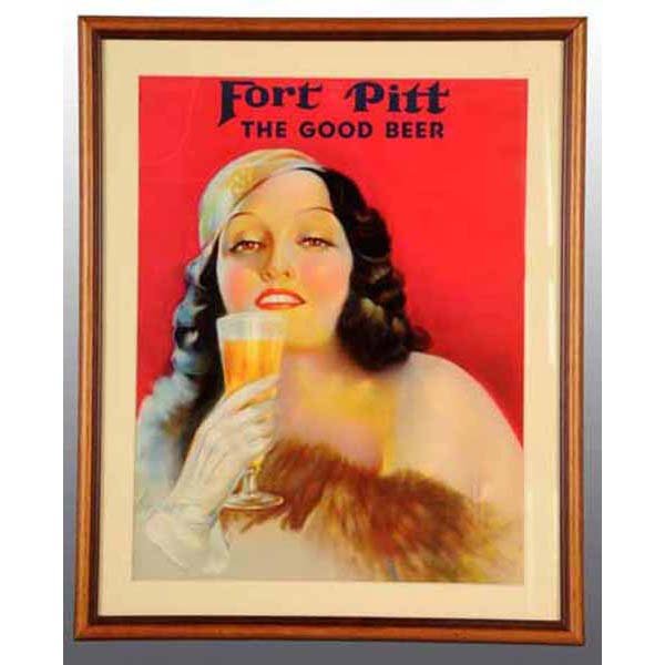 Paper Fort Pitt Beer Sign.: Offers a great-looking 1920s-era young lady holding a glass of her favorite beverage. Brilliant colors with strong eye appeal and very little visible wear. Framed: 19" x 23 - 1/2".