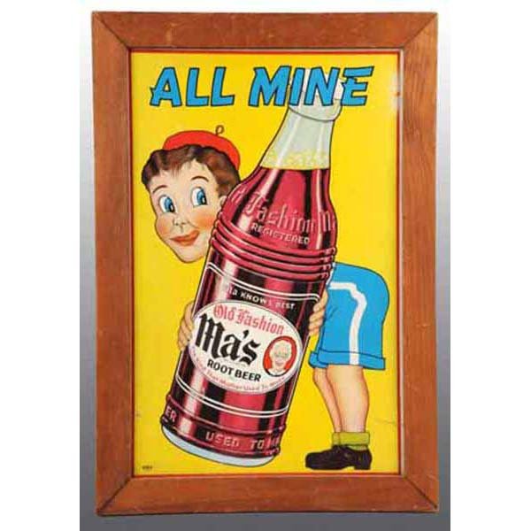 Cardboard All Mine Ma's Root Beer Sign.: Circa 1930s to 1940s. Stamped "Lip Ba" in lower left hand corner. Offers good visual appeal with solid color and nice illustrations. Light wear marks and one two-inch tear on bottom right edge. Framed