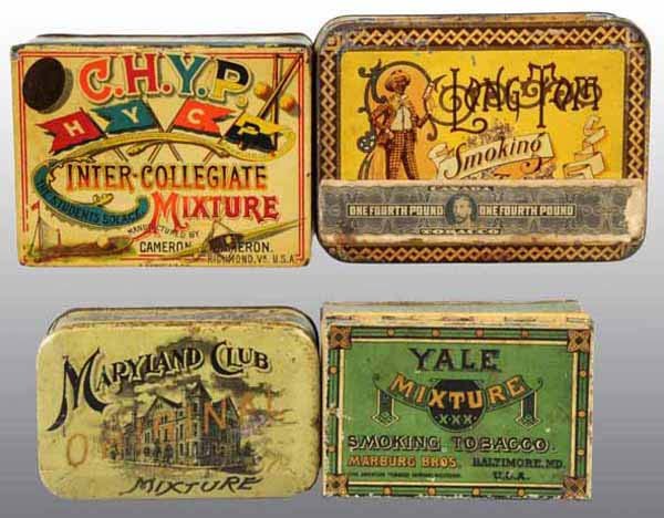 Lot of 4: Tobacco Tins.: Includes one for Long Tom, one for Yale, one for Intercollegiate Mixture, and one for the Maryland Club Mixture. All tins have minimal to moderate wear throughout. Largest: 2" x 2 - 1/2" x 5".