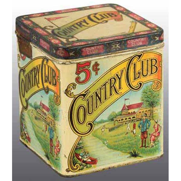 Country Club Cigar Tin.: Manufactured by the W.H. Snyder and Sons Company. Marked "Liberty Can Company Lancaster, PA". Colorful tin with solid graphics throughout and great shine. Original lid is slightly tarnished but still 