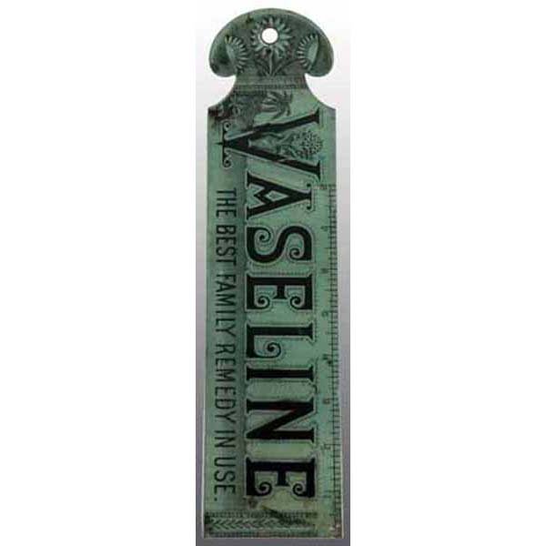 Lot of 2: Tin Ledgers.: Includes one for Vaseline with advertising on both sides and one for the Queen Insurance Company of Liverpool with advertising on one side. Both with modest wear. Both: 3" x 12".