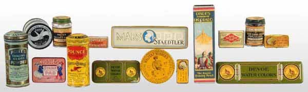 Lot of 15: Art Supply Product Containers.: Includes a good mixture of different type of art products. All containers have minimal to moderate wear throughout. Largest: 5" T.