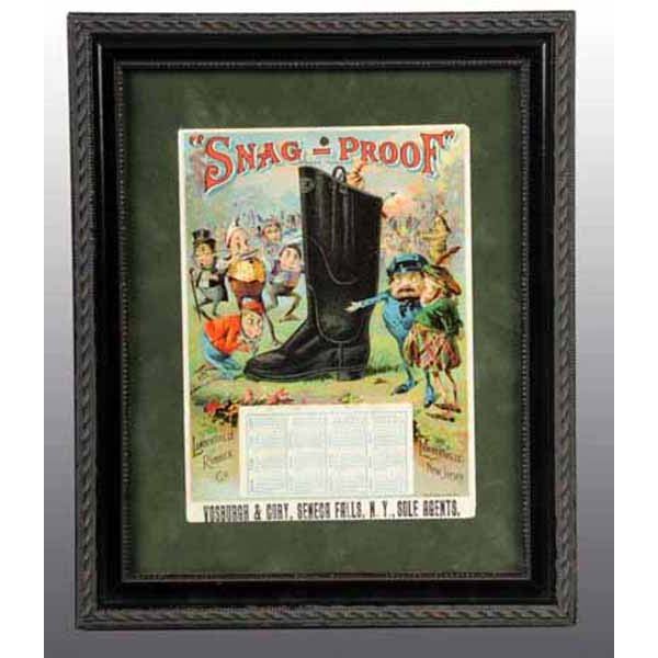 Lot of 2: Snag Proof Boot Calendars.: Includes one for 1897 with a great image of the Palmer Cox Brownies surrounding a Snag Proof boot in the middle. Also includes one for 1906 with a stunning image of the Lambertville Girl with the Palm