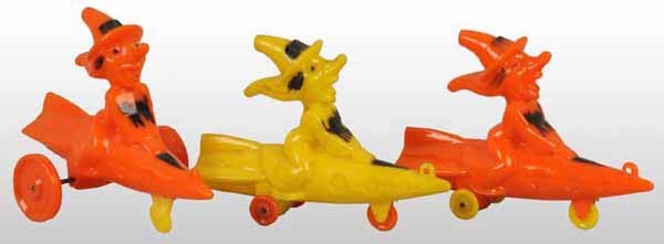 Lot of 3: Plastic Halloween Witch on Rocket Toys.: All have black cat emblem on chest. Each: 4" L.