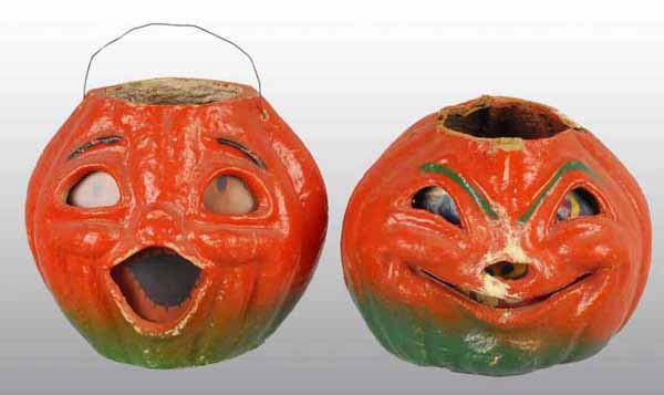 Lot of 2: Pulp Halloween Jack-O-Lanterns.: Include paper inserts, one original and one reproduction. A few scuffs to nose on one. 8" T.