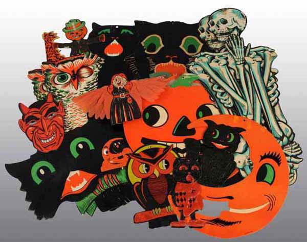 Large Lot of Halloween Die-Cut Decorations.: Includes owls, skeletons and cats. Largest: 20" T.