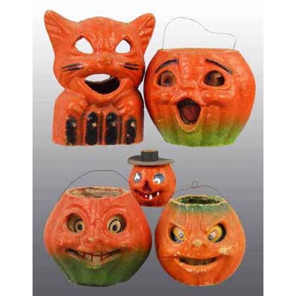 Lot of 5: Halloween Jack-O-Lanterns.: Includes cat on fence lantern. Three lanterns have paper inserts. Largest: 7" T.