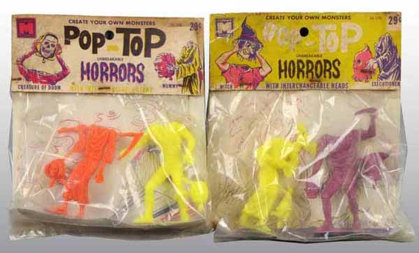 Lot of 2: Halloween Pop-Top Horrors.: Two original store packages with stains but contents clean. Includes Creature of Doom, Mummy, Witch and Executioner. 6" T.