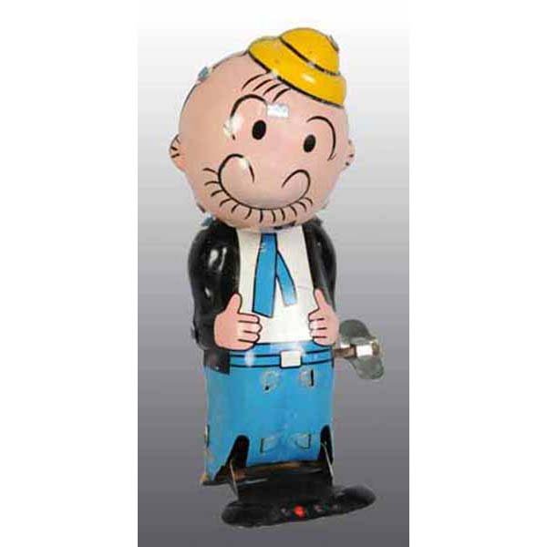Linemar Mechanical Hopping Wimpy Toy in Orig Box.: Japanese. Tin. Wind-up is working. Marked "King Features Syndicate". Head bobs while toy hops. Metal piece attaches head to the body. Bright and shiny litho and face is exceptionally clean. Toy has mi