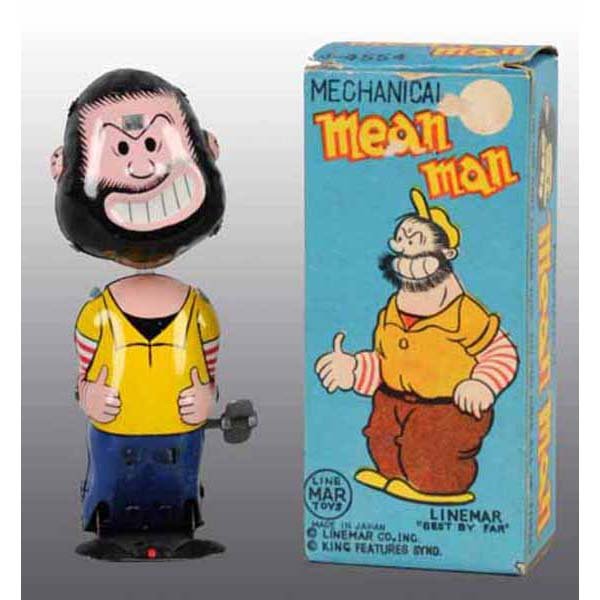 Linemar Mechanical Hopping Brutus Toy in Orig Box: Japanese. Tin. Wind-up is working. Marked "King Features Syndicate". Head bobs while toy hops. Metal piece attaches head to the body. Bright and shiny litho. Face is exceptionally clean. Toy has minor
