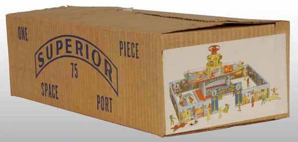 Sealed Superior Space Port Toy in Original Box.: Scarce with beautiful colored label on one end of box marked "Superior Space Port #75" on sides. Box is bright and clean with only slight shelf wear and still has six staples holding it together. Very