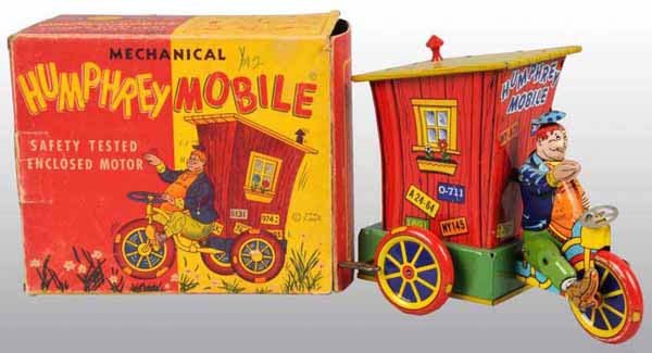 Wyandotte Humphrey Mobile Toy in Orig Box.: Tin litho. Working. Copyright by Ham Fisher, the artist and creator of this character in the Joe Palooka comic strip. The vehicle is actually a house on wheels with a chimney that rolls forward while 