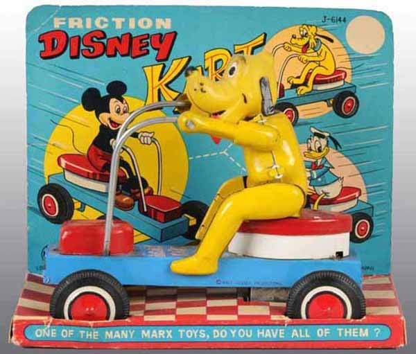 Marx Disney Pluto Friction Cart Toy in Orig Box.: Tin. American. Working. Marked "Marx Walt Disney Productions". Depicts all three versions of cart on header card, including, Mickey Mouse, Donald Duck and Pluto. Toy has moderate overall wear. Include
