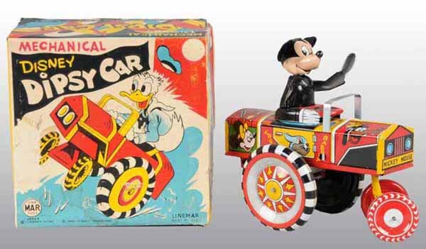 Linemar Mickey Mouse Dipsy Car Toy in Orig Box.: Tin Wind-up. Metal figure version with metal ears and bobbing head. Beautiful lithography with pictures of Pluto, Mickey, and Minnie. Car has very little wear. Includes original box with cardboard ins