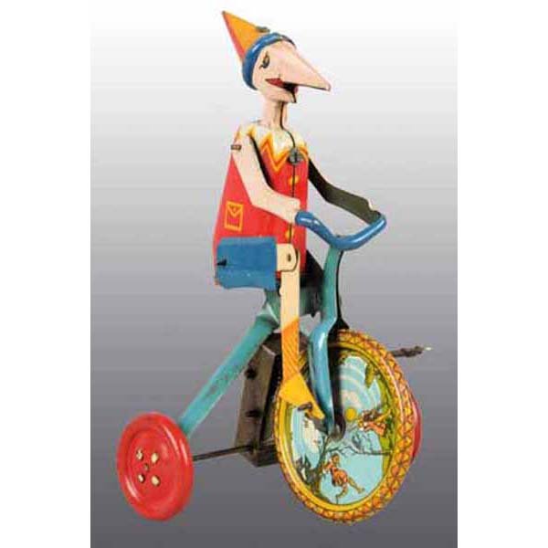 Ingap Pinocchio Riding High-Wheel Bike Toy.: Italian. Rare. Working. Marked "Ingap" on bottom, right rear. Very nice colored lithography, especially on wheel. Shows fairy tale scene on both sides of front wheel. Unusual looking Pinocchio with po