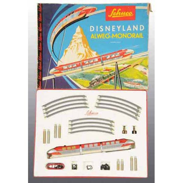 Schuco Walt Disney Monorail Toy in Orig Box.: German. Three-piece monorail marked "Made in Western Germany". Includes two boxes. One is an accessory box marked No. 6333-99 with a track assortment, sealed and unused. Overall some tearing and creas