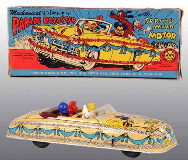 Marx Walt Disney Parade Roadster Toy in Orig Box.: Tin. Wind-up is working. Tin car with plastic figures of Mickey, Donald, Pluto, and Donald Duck's nephews. Nice tin lithography of Disney characters all around. Very little wear overall. Includes orig