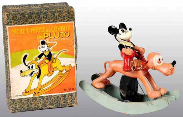 Disney Mickey Mouse Cowboy Toy in Orig Box.: Celluloid. Japanese. Pre-war. Working. Very rare with wooden rocking base with original paper hat. Includes scarce original box with slight wear on label. 8" x 7 - 1/2".