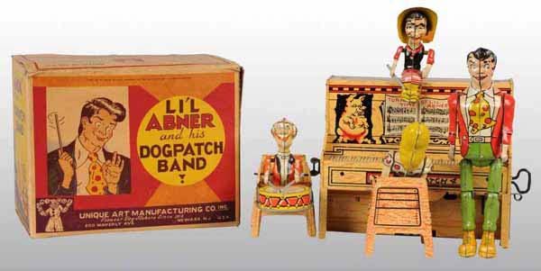 Tin Unique Art Dogpatch Band in Original Box: Working. All original parts. Shiny lithography with some wear on piano and where Grandpa hits drum. Includes complete and original box with top flap detached but present. 8" T.