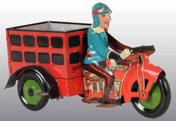 Tin Marx Speed Boy Motorcycle Wind-Up Toy.: Working. Marked "Speed Boy 4" on both sides of front and "Speed Boy Delivery" on rear. Very little wear overall. 10" L.