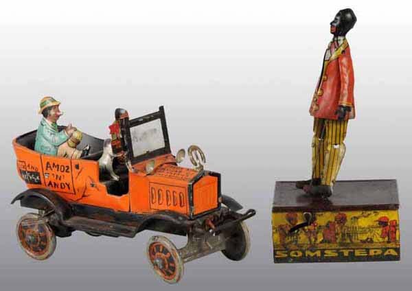 Lot of 2: Tin Marx Black Americana Windup Toys.: Includes Amos N' Andy Taxi and Somstepa Roof Dancing toy. All original except for replacement Andy figure in back of taxi. Both windups working. Moderate overall wear. Largest: 8" L.