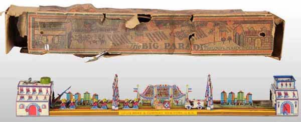 Lot of 2: Tin Marx Bridge Windup Toys.: The Big Parade includes original box, tin airplane, and instruction sheet on bottom. Some wear but lithography is bright and clean. Box tattered and missing one end flap. Busy Bridge needs adjustment 