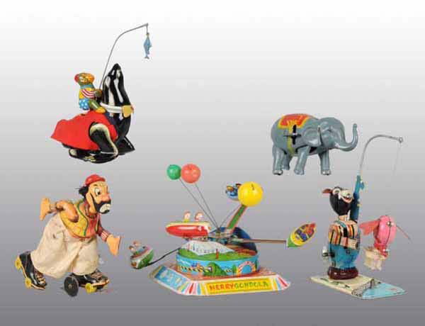 Lot of 5: Tin Wind-Up Toys.: Japanese. All are working. Includes TPS Clown Skater, Circus Elephant, TPS Monkey Riding Seal, TPS Fishing Bear, and Alps Merry Gondola. Nice lithography throughout.