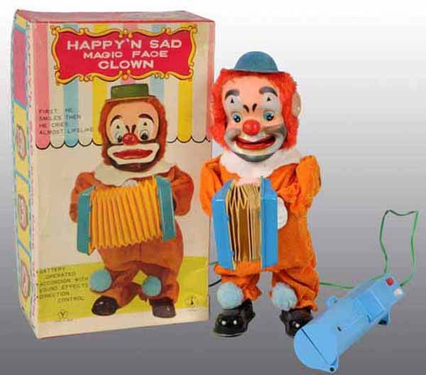Lot of 2: Japanese Battery-Operated Toys.: Includes one Happy N Sad Magic Face Clown with original box and one Store stock Busy Housekeeper Bear with original box. Neither of the toys are in "running" condition.