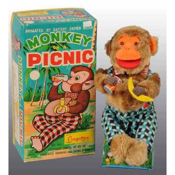 Lot of 2: Japanese Battery-Operated Monkey Toys.: Includes one Monkey on a Picnic with original box and one Trumpet Playing Monkey with original box. The box for the Trumpet Playing Monkey has several rips and tears while the toy is missing its left 