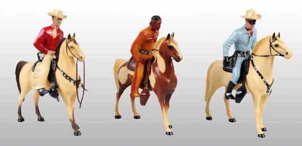 Lot of 3: Hartland Figures on Horses.: Includes Lone Ranger, Tonto and a generic cowboy. Lone Ranger and cowboy have hats. No guns present. All horses have saddles. Figures are off-white to yellow.