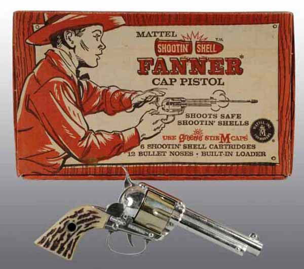 Mattel Shootin' Shell Fanner Toy Cap Gun.: Includes original box and six bullet noses, with shells. 9" L.