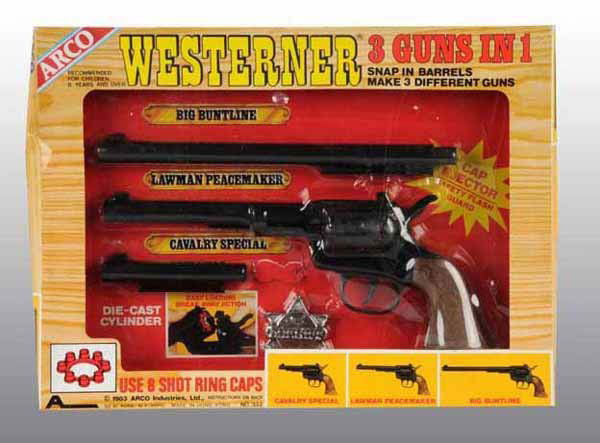 Westerner 3 Guns in 1 Toy Cap Gun.: Includes original box. 12" x 9".