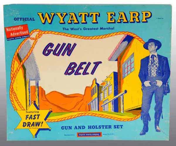 Wyatt Earp Toy Cap Gun & Holster Set.: Great display item. Includes original box. Two unfired Wyatt Earp buntline special guns. Holster in near mint condition. Box has several corner splits. Guns: 11" L.