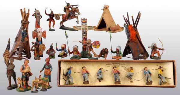 Lot Elastolin Ancien – Indiens, Cowboys, Tipi Et Feu De Camp – Figurines Vintage