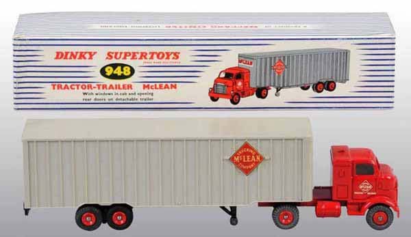 Lot of 3: Dinky Construction Die-Cast Toys.: Circa 1949 to 1968. Includes number 961 Blaw Knox Bulldozer, number 948 McLean Tractor Trailer, and number 972 20-Ton Crane. Includes original boxes with some dirt on one box label while the other two