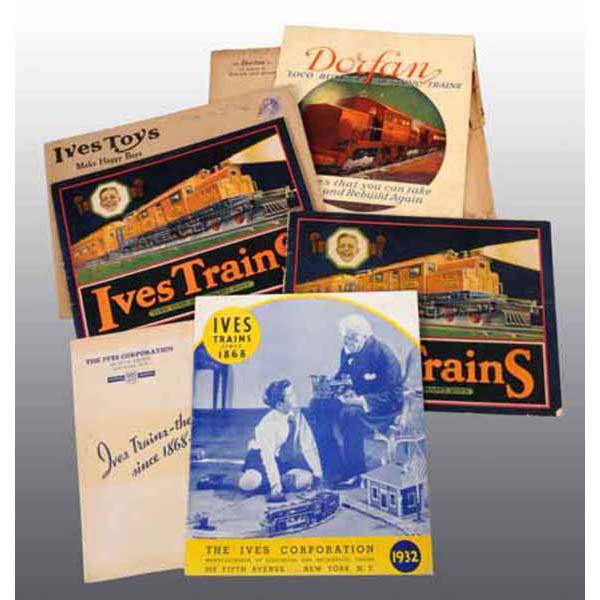 Lot of 4: Early Train Catalogs.: Includes one 1932 Ives catalog with a lot of Lionel Ives transition trains pictured inside, two 1926 Ives catalogs, and one 1927 Dorfan catalog. Three of the four catalogs include their sleeves.