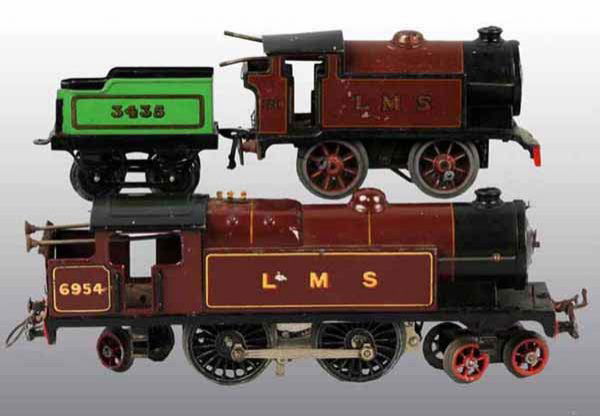 Lot of 3: English Hornby O-Gauge Engines & Tender: Working. Includes one large LMS #6954 clockwork engine, one small LMS #2270 clockwork engine, and # 3435 tender. Moderate wear overall.