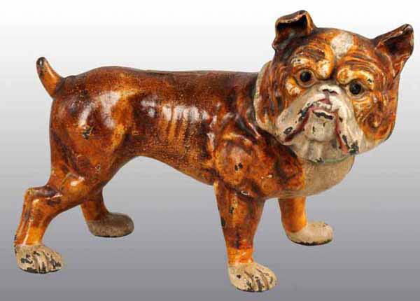 Cast Iron English Bulldog Doorstop.: Made by Hubley, cat. #220. Full figure. Super features and unusual brindle color with great expression. 7" x 9".
