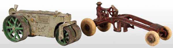 Lot of 2: Cast Iron Arcade Toys.: Includes one Arcade road grater with rubber tires and one Arcade road roller with traces of the label still present and one replacement nickel-plated figure. Largest: 7 - 1/2" L.