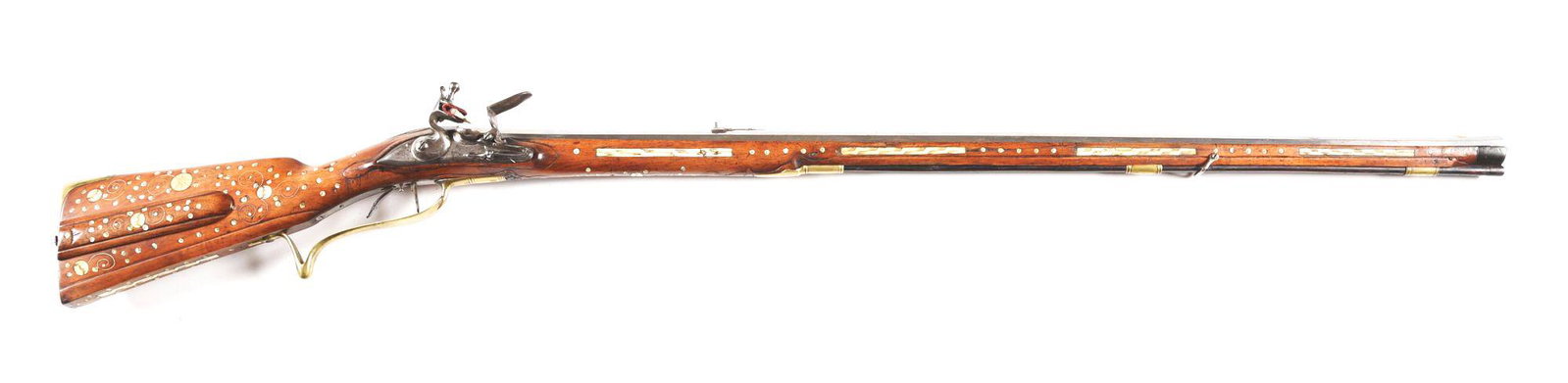 (A) ATTRACTIVE AND ORNATE BONE-INLAID GERMAN FLINTLOCK: Probably Suhl, circa 1760-1780, shows French influence. The swamped, deeply rifled octagon barrel features an ornate notched rear sight with long molded finial. Behind the sight, there is a small flor