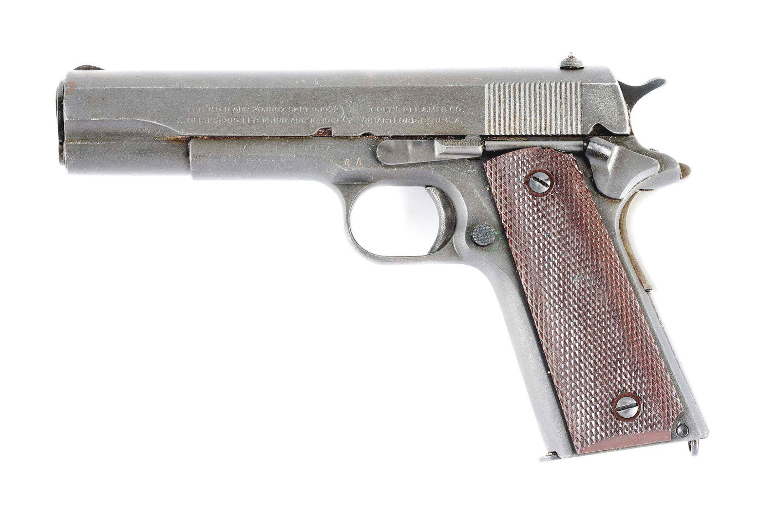 (C) COLT MODEL 1911 OF US ARMY SEMI AUTOMATIC PISTOL,: Frame manufactured 1918. Half moon front sight that has been contoured and hand cut to appear as a serrated slope front sight, square notch flat top rear sight. Left side of slide with 2 line and 2 bl