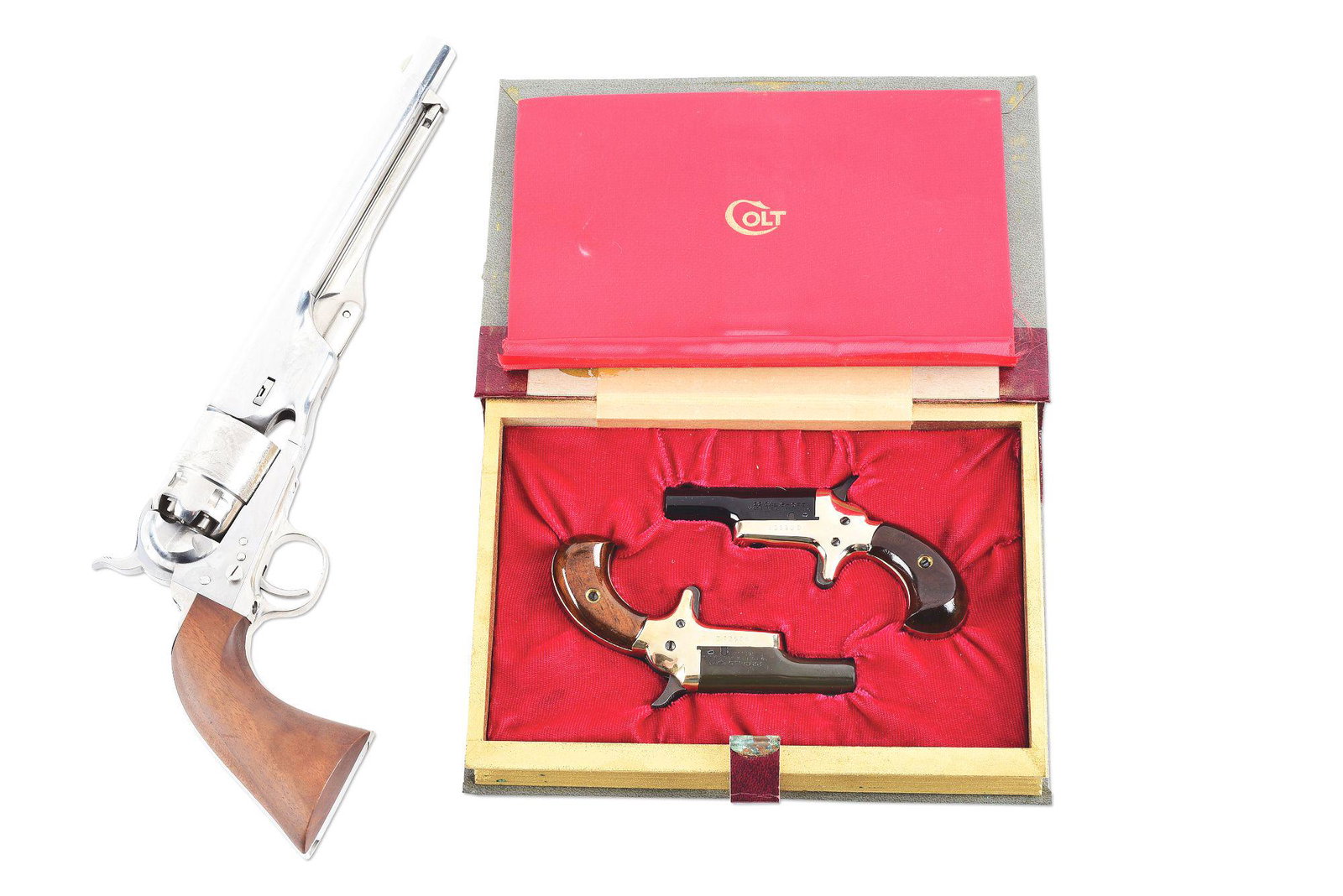 (A+C) LOT OF 3: COLT BLACK POWDER SERIES 1860 REVOLVER: Lot consists of (A) Stainless Colt Black Powder Series Model 1860 Army percussion revolver. 8" rifled .44 caliber barrel with 1 line Colt address and front blade sight. 6 shot percussion cylinder with