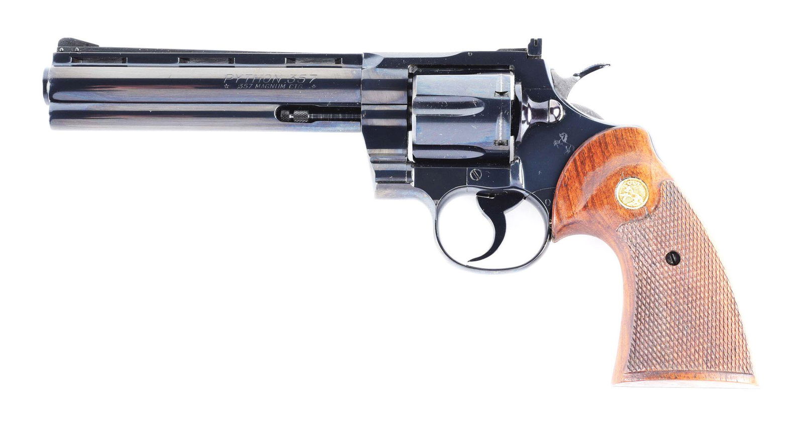 (C) COLT PYTHON DOUBLE ACTION REVOLVER.: Manufactured in 1968 and retailed by F. Bob Chow's Gun Shop, San Francisco, California. High polish blued 6" vented rib barrel chambered for the powerful .357 magnum cartridge and mounted with ramped
