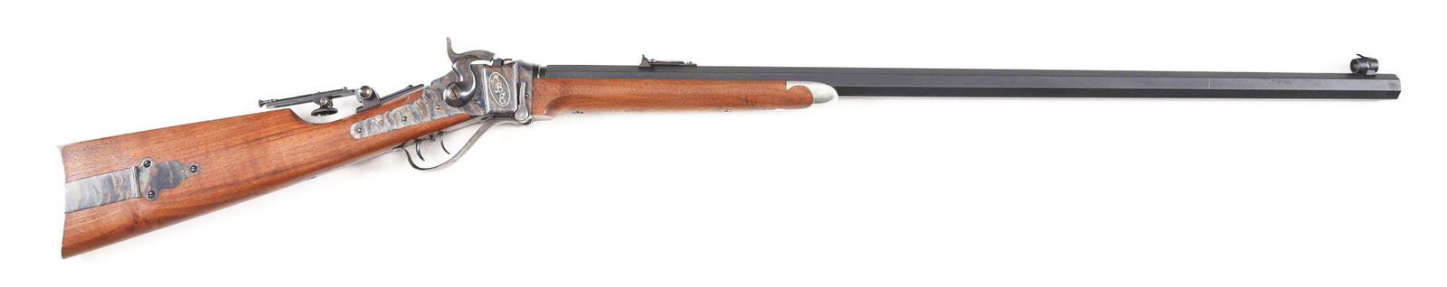 (M) SHILOH MODEL 1874 QUIGLEY SHARPS SINGLE SHOT RIFLE.: Heavyweight 34” blued octagon barrel chambered for the classic .45-70 cartridge. Globe front sight, semi-buckhorn ladder rear sight, and a long range tang sight. Walnut 2-piece stock with pewter for