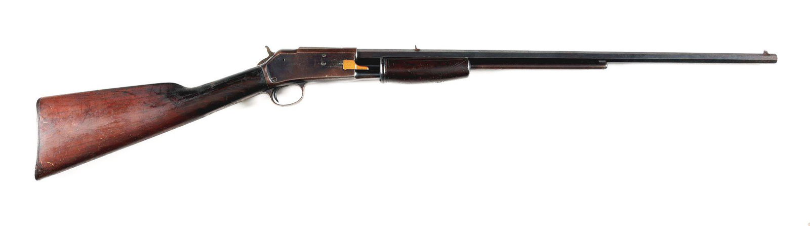 (C) COLT LIGHTNING .22 SLIDE ACTION RIFLE: Colt Lightning slide action rifle. Small frame rifle made 1901. Patent dates on the top of the barrel. "22 Cal." marked on the left side of the barrel. Serial number on the bottom of the tang. Octagon