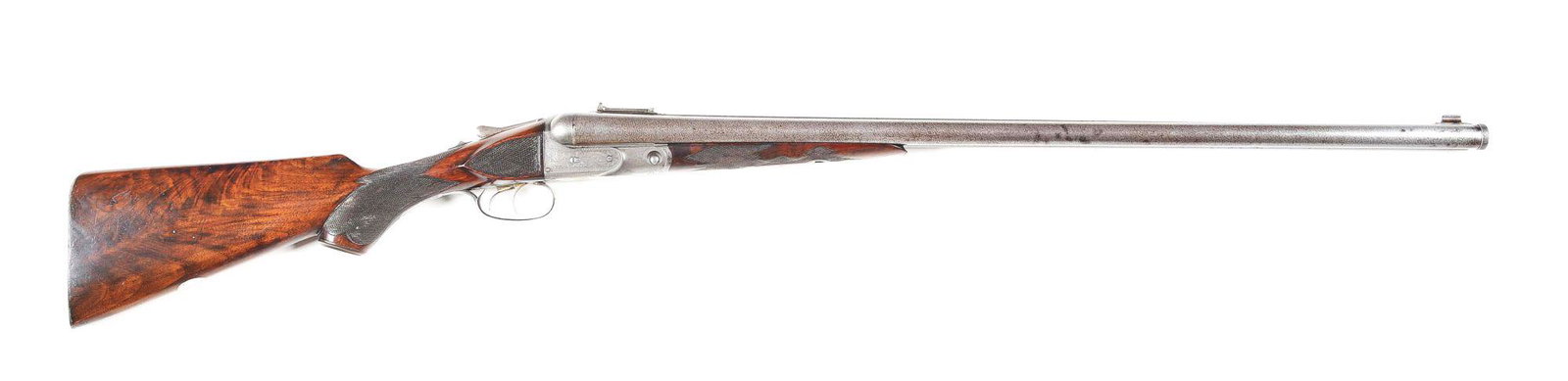 (A) CH GRADE PARKER 12 GAUGE SHOTGUN WITH RIFLE BARREL: (1890) Dramatically patterned 30" barrels are marked with "Parker Bros Makers Meriden Conn Bernard Steel" on concave matted rib. The right barrel has a removable rifle insert, likely added in period a