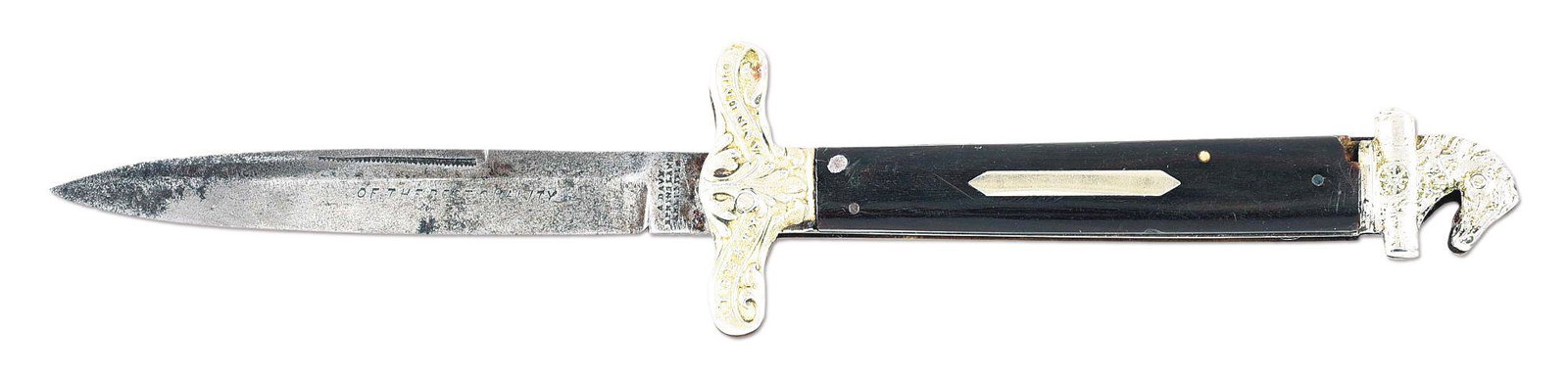 HORSEHEAD FOLDING DIRK KNIFE BY A. DAVY, SHEFFIELD: Spear point blade with long matchstriker pull, marked by well known English maker A. DAVY, SPRING LANE, SHEFFIELD, with the face deeply stamped OF THE BEST QUALITY. Dark horn scales inlaid with shield