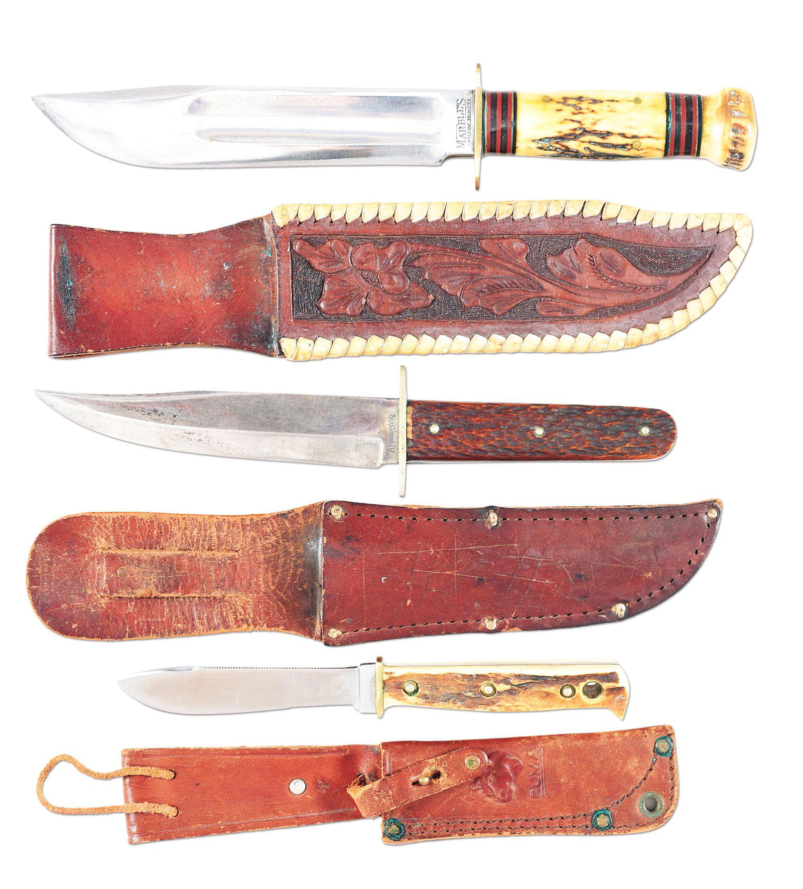 LOT OF 3: VINTAGE FIXED BLADES BY REMINGTON, MARBLES, &: Lot consists of: (A) MARBLES GLADSTONE, MICH. U.S.A. 7" Ideal fixed blade clip point with blood fullers on both sides; overall 11-1/4". Handled in genuine stag with stag crown. Handles are perfect, fr