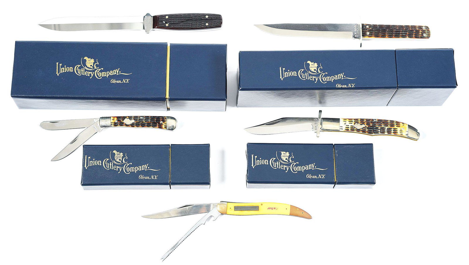 LOT OF 5: FIXED AND FOLDING KNIVES BY KA-BAR.: Lot consists of (A) UNION RAZOR CO. TIDIOUTE, PENN. 6" double-sided spear point, 10 - 1/4" overall. Handled in jigged bone. Complete with factory hard box marked "UNION CUTLERY COMPANY / OLEAN N.Y.". 