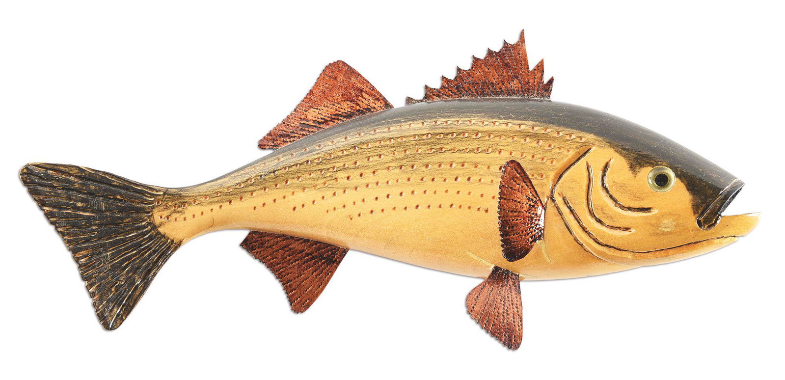 STAN GIBBS #13 92 CARVED FISH.: Very rare Stan Gibbs carved large size striped bass, marked "Stan Gibbs #13" on bottom. CONDITION: Excellent.